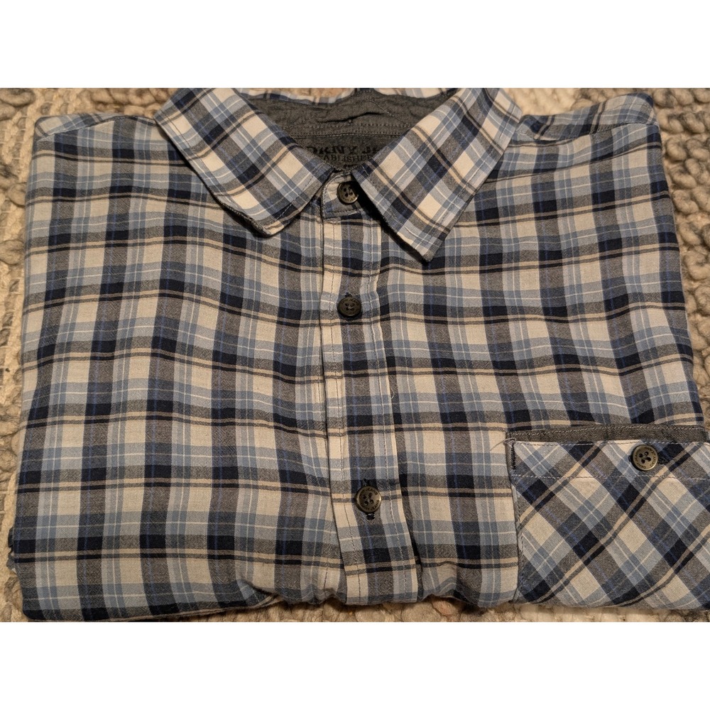DKNY Jeans Mens XL Short Sleeve Plaid Button Down Shirt Blue White Casual Pocket